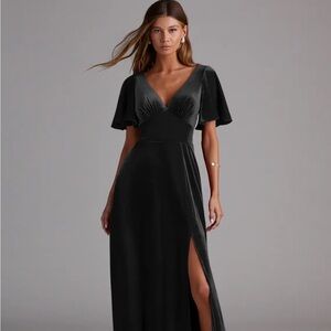 Azazie Kimber Black A-Line with Pockets Velvet Dress